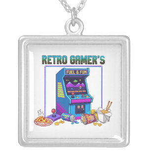  Retro Gamer's Fuel & Fun   8-Bit Pixel Art Arcade Silver Plated Necklace