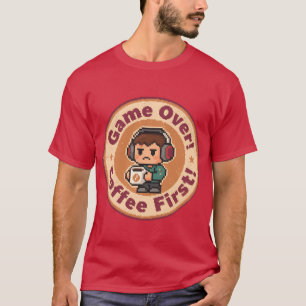Retro Gaming Badge Game Over Coffee First family f T-Shirt