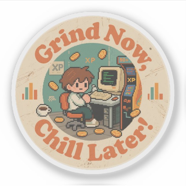 Retro Gaming Desk Character Artwork – Work to Play Sticker (Front)