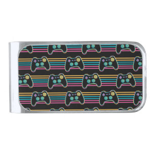 Retro Gaming Geek Gamer 80s neon colors Silver Finish Money Clip