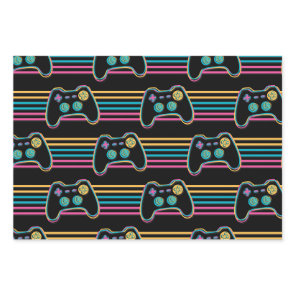 Retro Gaming Geek Gamer 80s neon colors Wrapping Paper Sheets