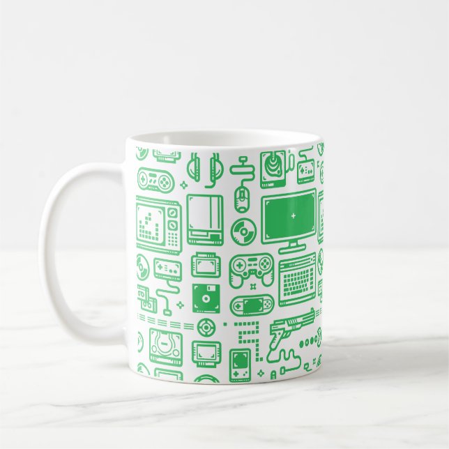 Retro Gaming Mug: Choose Your Weapon Green Coffee Mug (Left)