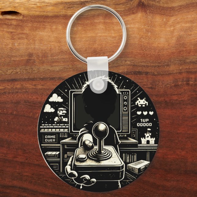 Retro Gaming Silhouette Joystick Art Keychain (Front)