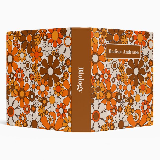 Retro Garden 60s 70s Flowers Brown & Orange 3 Ring Binder (Background)