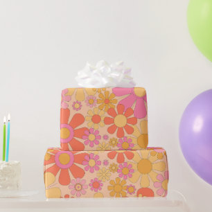 Retro Garden 60s 70s Vintage Floral Stripes Pink Wrapping Paper