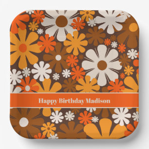 Retro Garden 70s 60s Brown & Orange Floral Pattern Paper Plates
