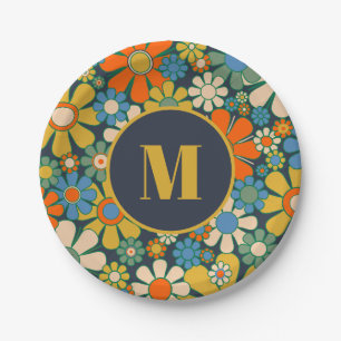 Retro Garden Cheerful Floral 60s 70s Initial Paper Plates