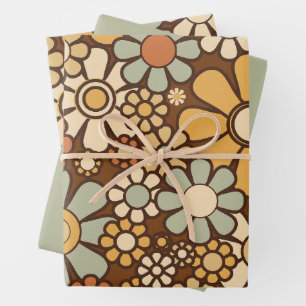 Retro Garden Chunky Flowers 60s 70s Floral Pattern Wrapping Paper Sheets