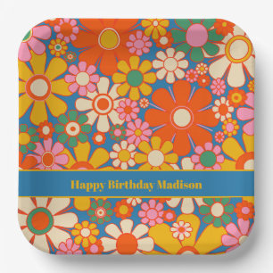 Retro Garden Colorful 60s 70s Floral Pattern Paper Plates