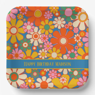 Retro Garden Colorful 60s 70s Floral Pattern Paper Plates