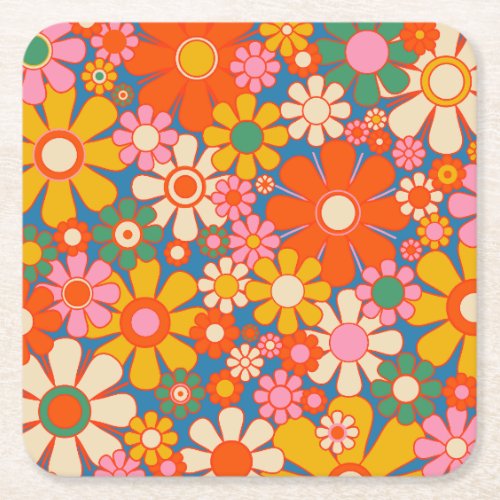 Retro Garden Colorful 60s 70s Floral Pattern Square Paper Coaster