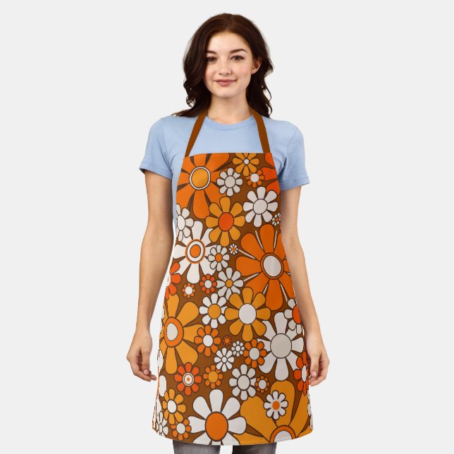 Retro Garden Floral 60s 70s Pattern Brown & Orange Apron (Worn)