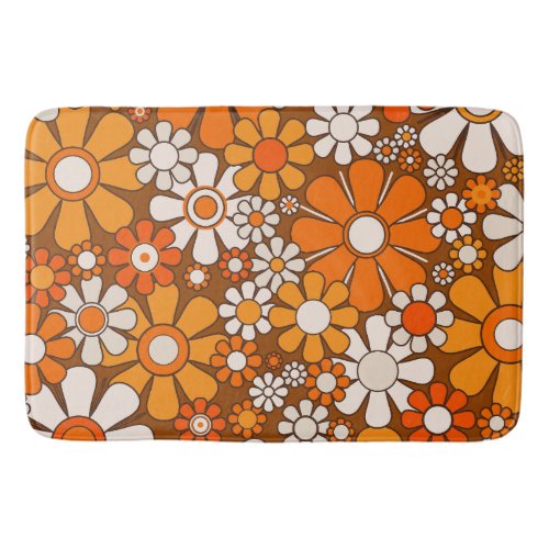 Retro Garden Floral 60s 70s Pattern Brown  Orange Bath Mat