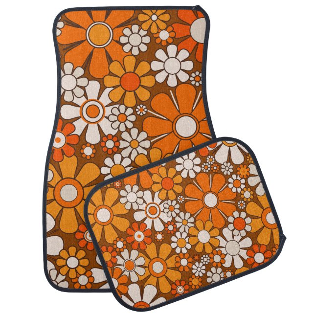 Retro Garden Floral 60s 70s Pattern Brown & Orange Car Floor Mat (Set)