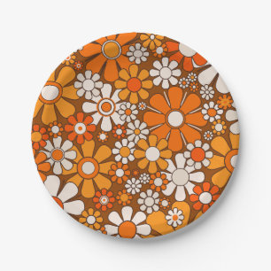 Retro Garden Floral 60s 70s Pattern Brown & Orange Paper Plates