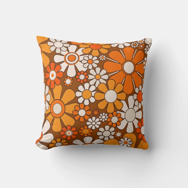 Retro Garden Floral 60s 70s Pattern Brown & Orange Throw Pillow (Front)