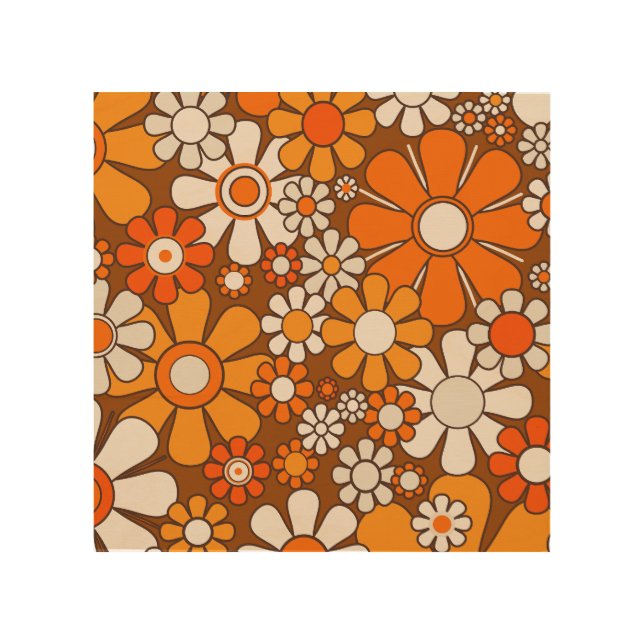 Retro Garden Floral 60s 70s Pattern Brown & Orange Wood Wall Art (Front)