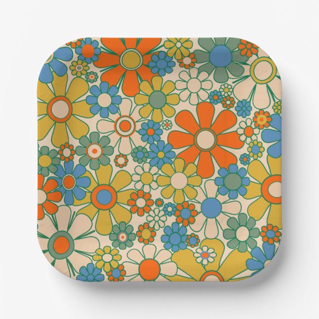 Retro Garden Floral 60s 70s Pattern Paper Plates (Front)