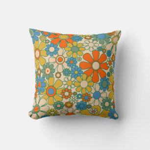 Retro Garden Floral 60s 70s Pattern Throw Pillow