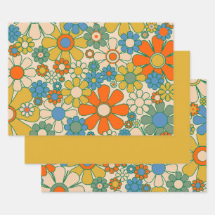 Retro Garden Floral 60s 70s Pattern Wrapping Paper Sheets