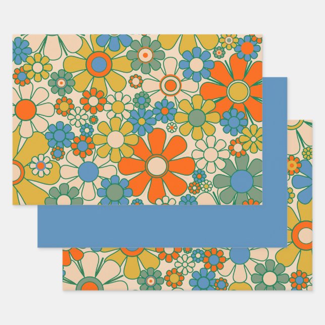 Retro Garden Floral 60s 70s Pattern Wrapping Paper Sheets (Set)