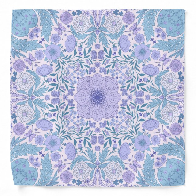 Retro garden florals in blue and violet bandana (Front)