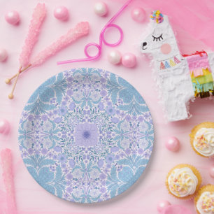 Retro garden florals in blue and violet paper plates