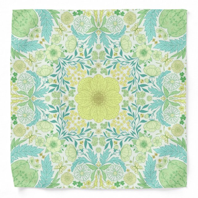 Retro garden florals in green and yellow bandana (Front)