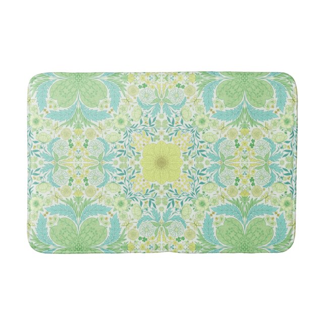 Retro garden florals in green and yellow bath mat (Front)