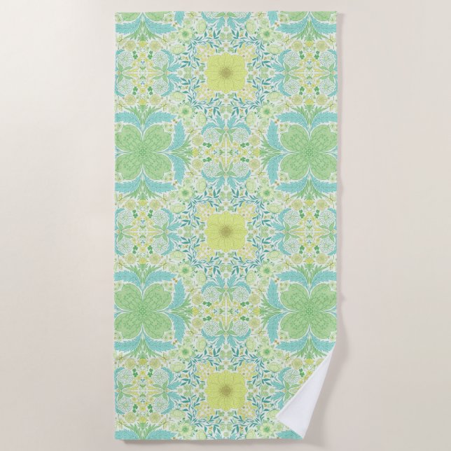 Retro garden florals in green and yellow beach towel (Front)