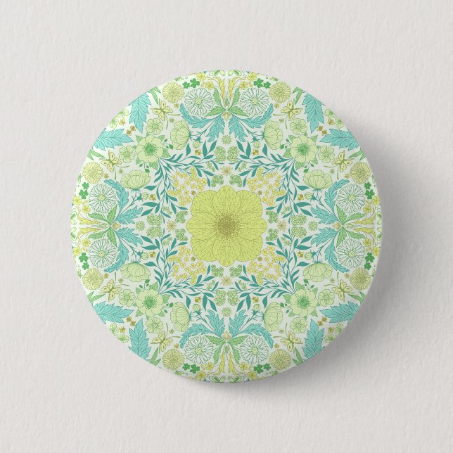 Retro garden florals in green and yellow button (Front)