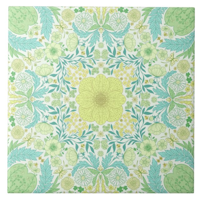 Retro garden florals in green and yellow ceramic tile (Front)