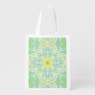 Retro garden florals in green and yellow grocery bag