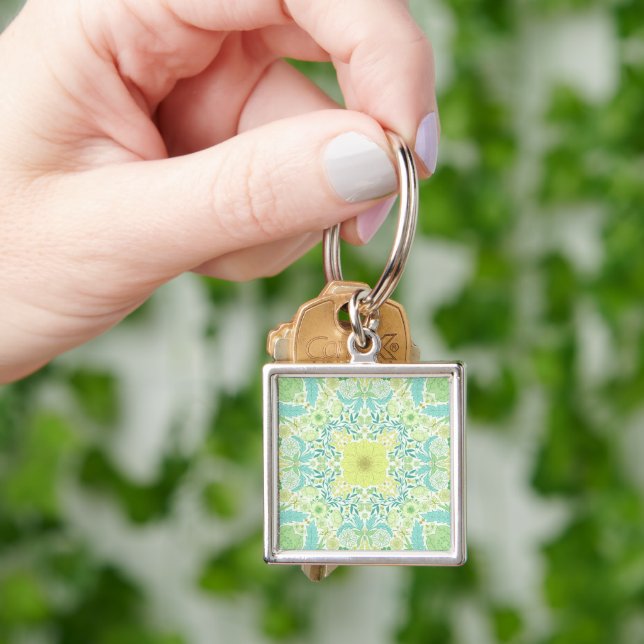 Retro garden florals in green and yellow keychain (Hand)