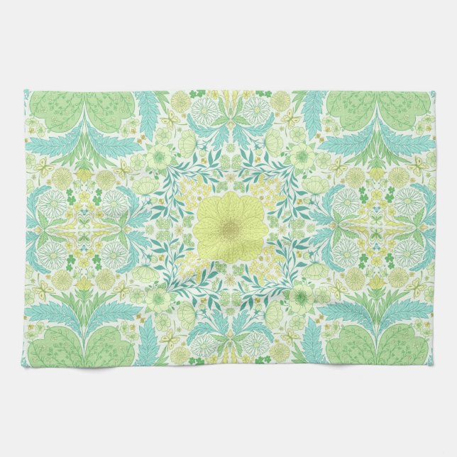 Retro garden florals in green and yellow kitchen towel (Horizontal)