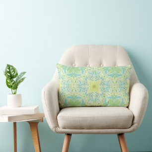 Retro garden florals in green and yellow lumbar pillow