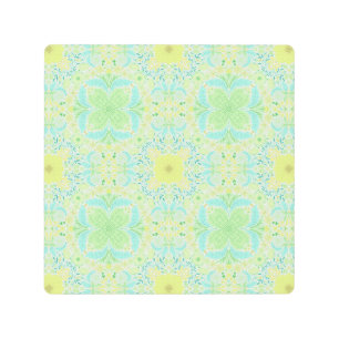 Retro garden florals in green and yellow metal print