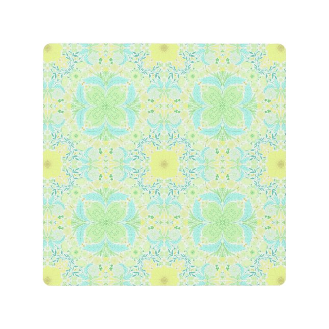 Retro garden florals in green and yellow metal print (Front)