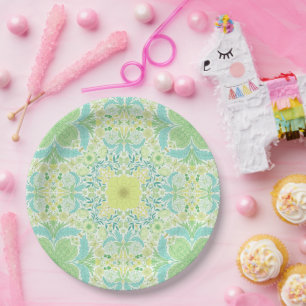Retro garden florals in green and yellow paper plates