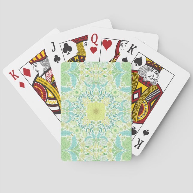 Retro garden florals in green and yellow poker cards (Back)