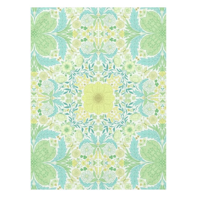Retro garden florals in green and yellow tablecloth (Front)