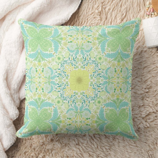 Retro garden florals in green and yellow throw pillow (Blanket)