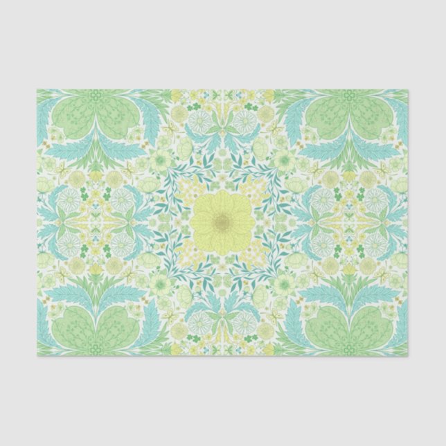 Retro garden florals in green and yellow tissue paper (Front)