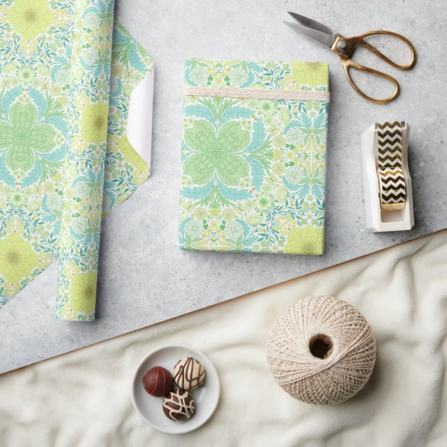 Retro garden florals in green and yellow wrapping paper (Crafts)