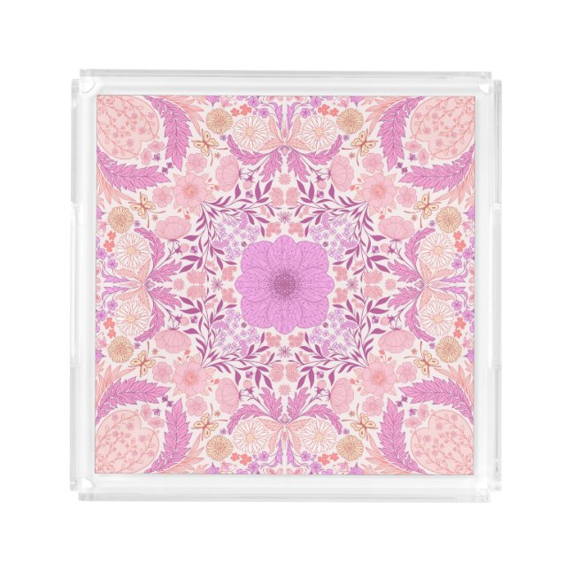 Retro garden florals  in pink acrylic tray (Front)
