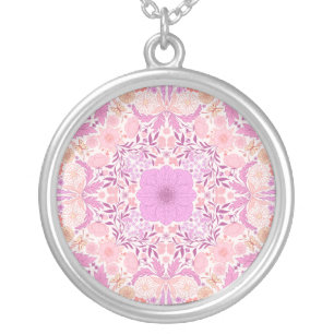 Retro garden florals  in pink silver plated necklace