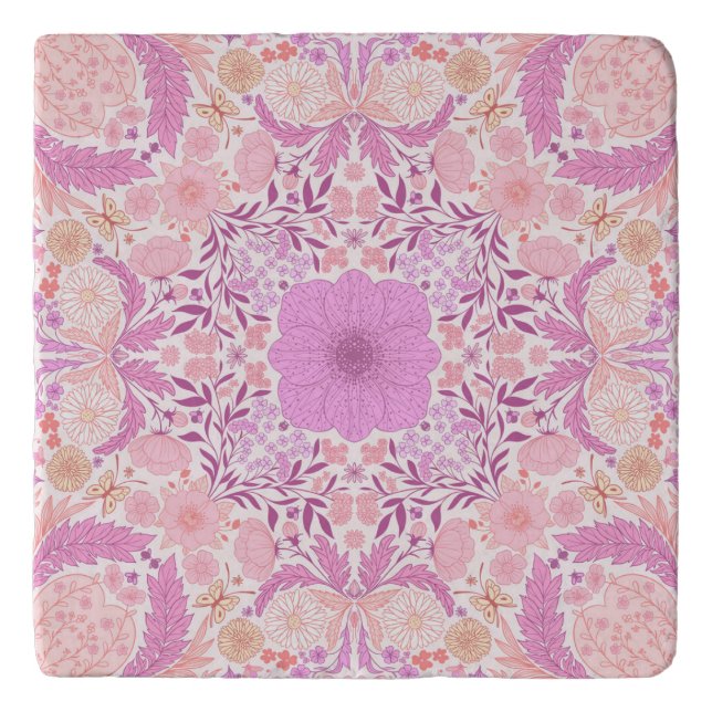 Retro garden florals  in pink trivet (Front)
