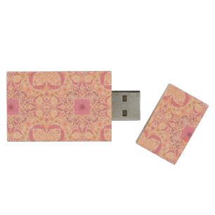 Retro garden florals in pink wood flash drive