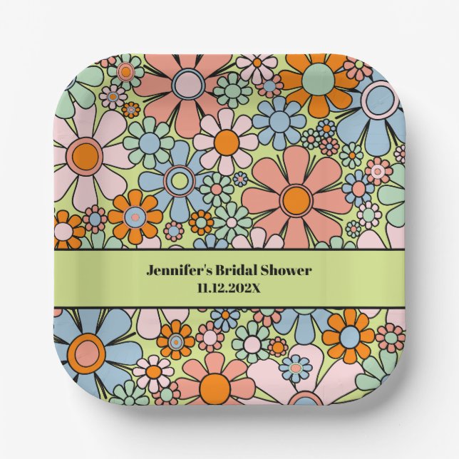 Retro Garden Flowers 60s 70s Boho Floral Pattern Paper Plates (Front)