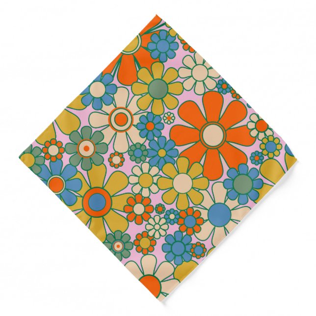 Retro Garden Flowers 60s 70s Floral Pattern Bandana (Front)